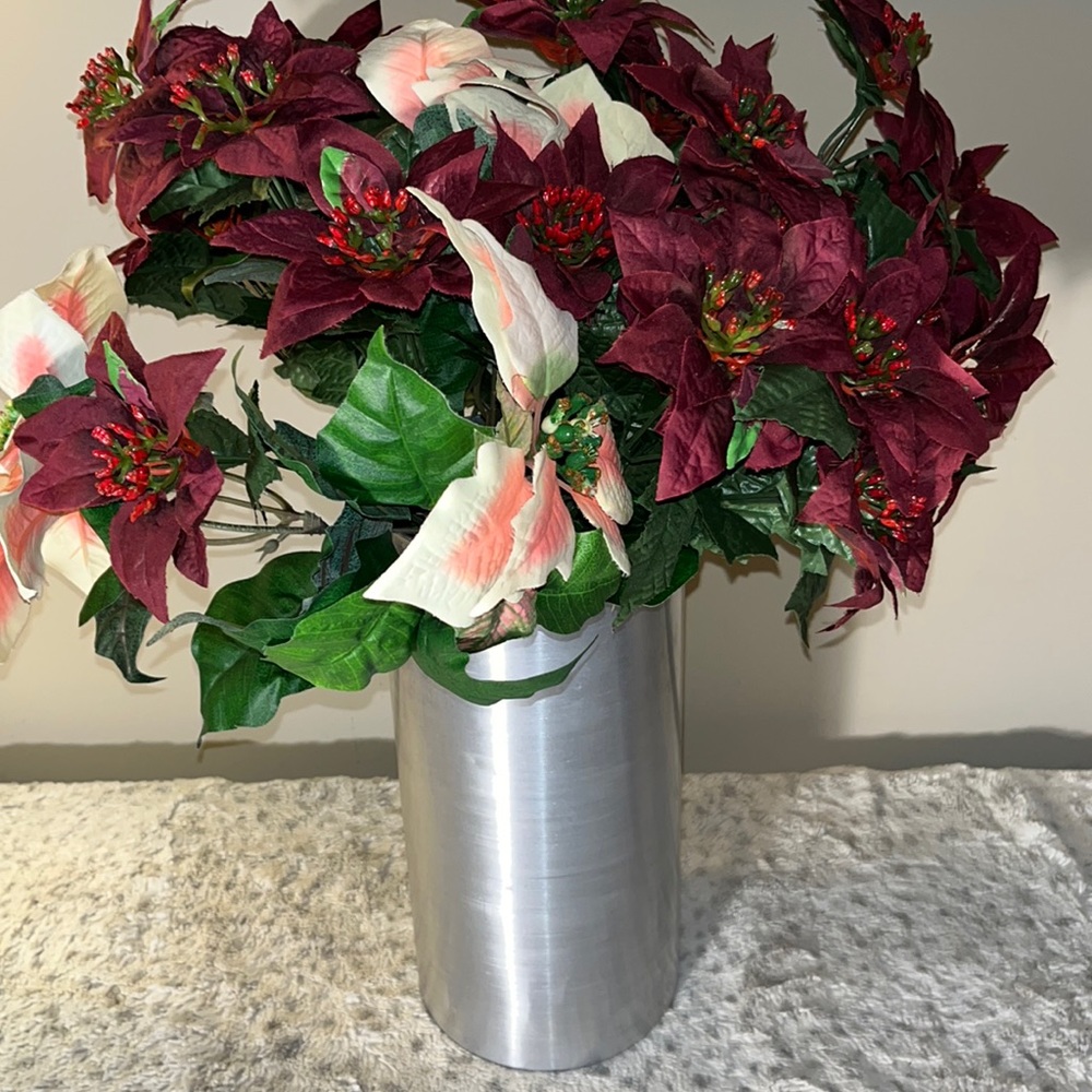 Silk Poinsettia Stems and Silver Tall Vase